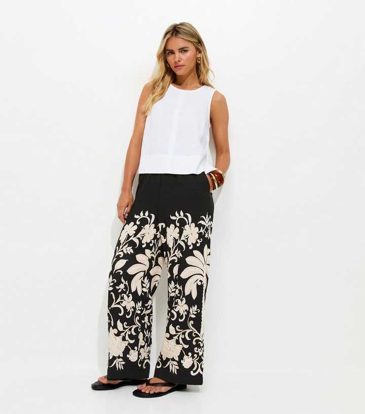 Petite Black Floral Wide Leg Trousers