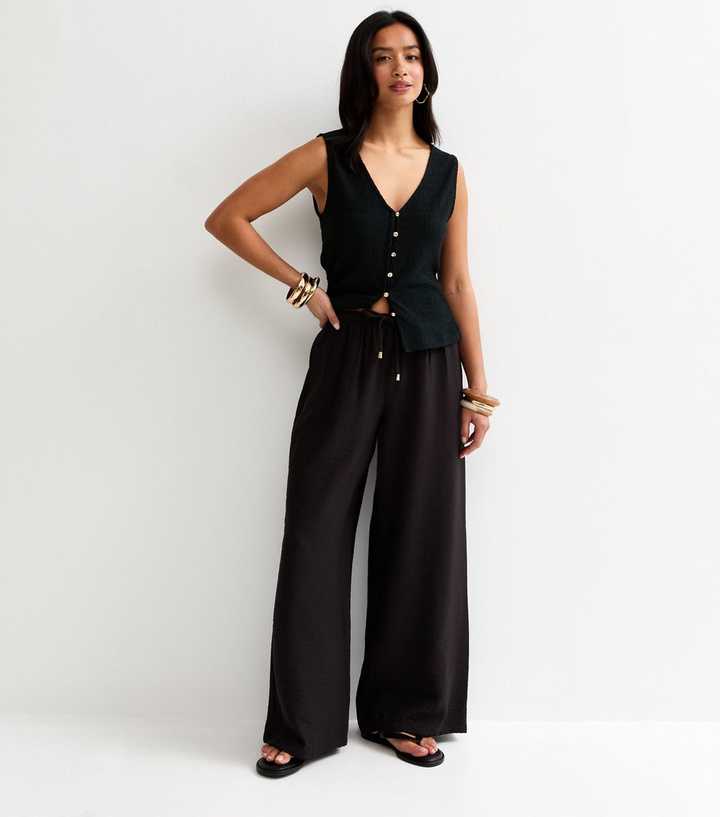 Petite Black Wide Leg Drawstring Trousers