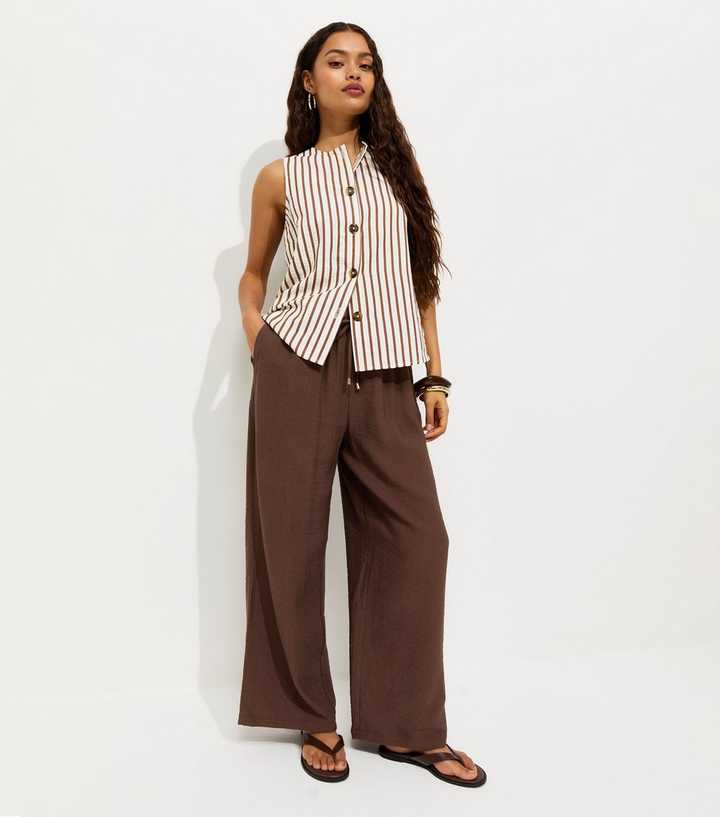 Petite Dark Brown Wide Leg Drawstring Trousers