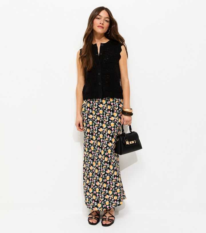 Petite Black Fruit Print Bias Cut Midi Skirt