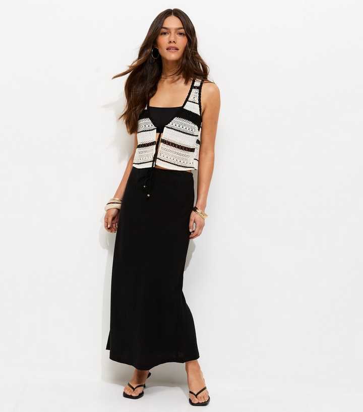 Petite Black Linen Look Bias Cut Tie Waist Midi Skirt