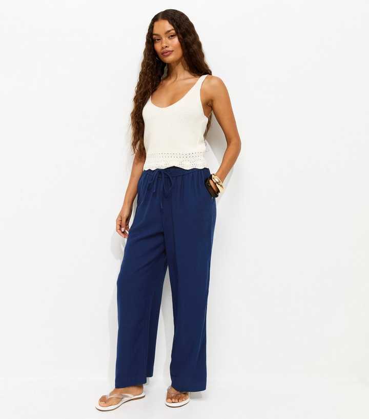 Petite Blue Wide Leg Drawstring Waist Trousers