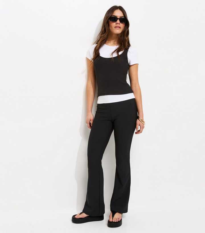 Petite Black Rib Flared Trousers