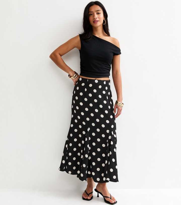 Petite Black Polka Dot Flared Godet Midi Skirt