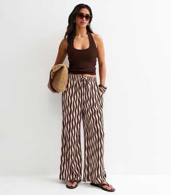 Petite Dark Brown Wave Crinkle Jersey Wide Leg Trousers