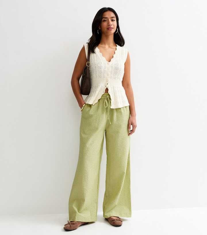 Petite Green Seersucker Striped Wide Leg Trousers