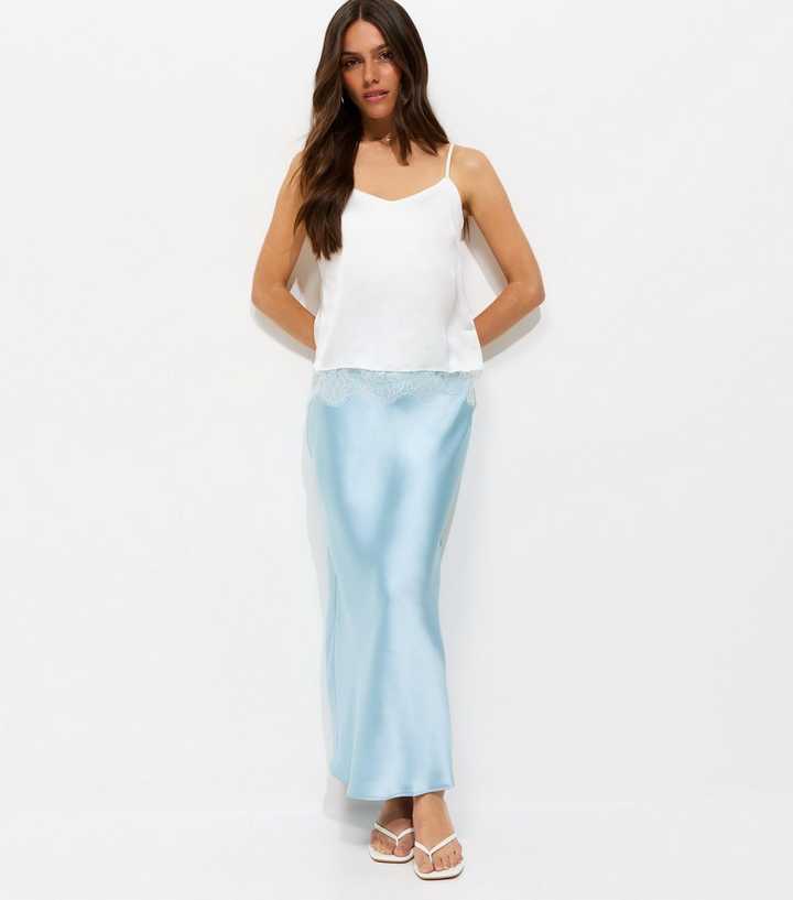Petite Light Blue Satin Bias Cut Midi Skirt