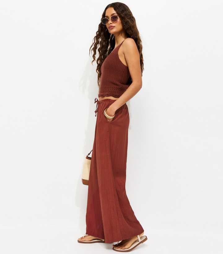 Petite Dark Red Crinkle Texture Wide Leg Trousers