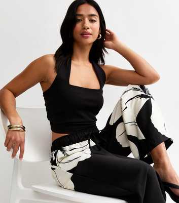 Petite Black Large Floral Print Wide Leg Trousers