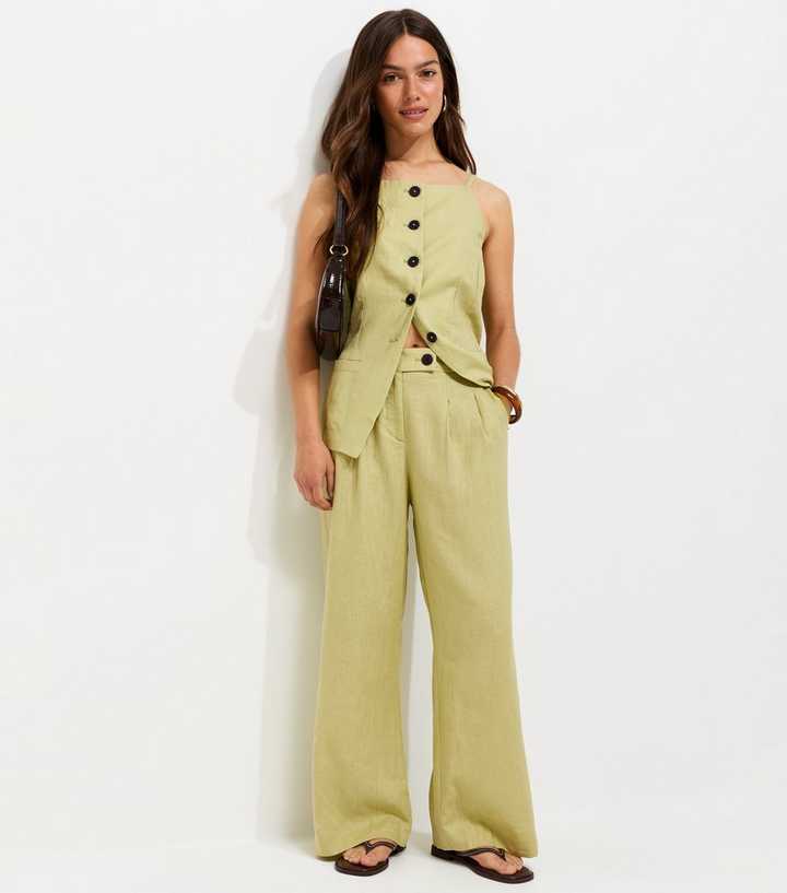 Petite Light Green Linen Rich Tailored Trousers