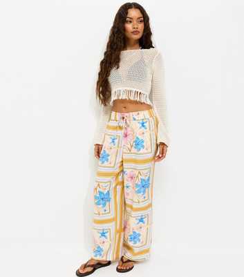 Petite Yellow Tropical Print Wide Leg Trousers