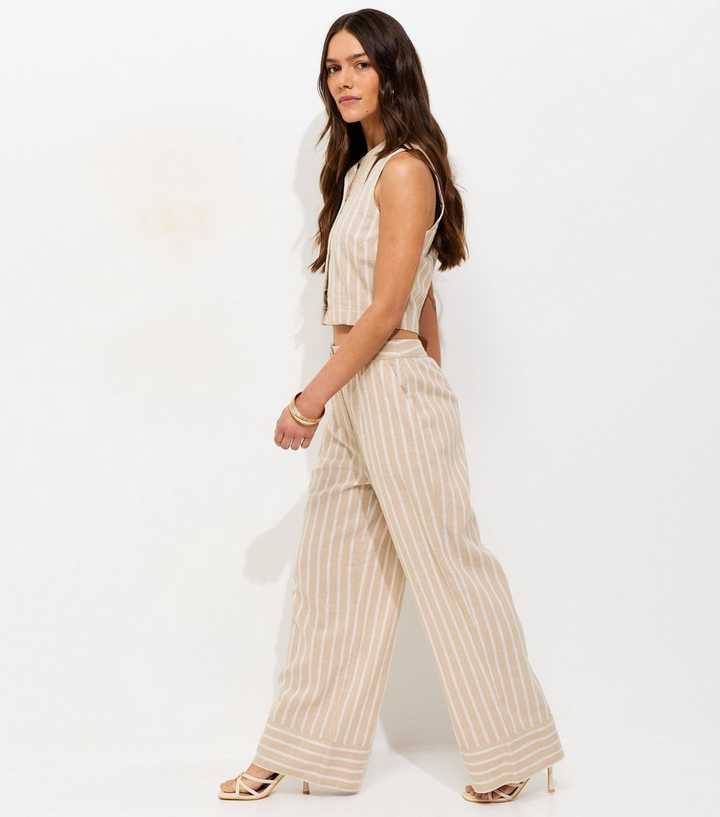 Petite Cream With Linen Striped Wide Leg Trousers