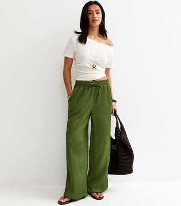 Petite Dark Khaki Textured Jersey Wide Leg Trousers