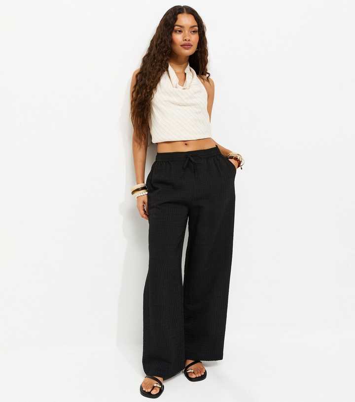 Petite Black Crinkled Striped Wide Leg Trousers