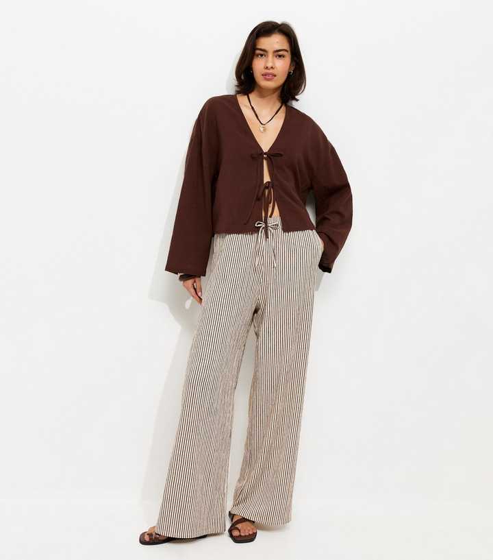 Brown Thin Stripe Crinkle Texture Wide Leg Trousers