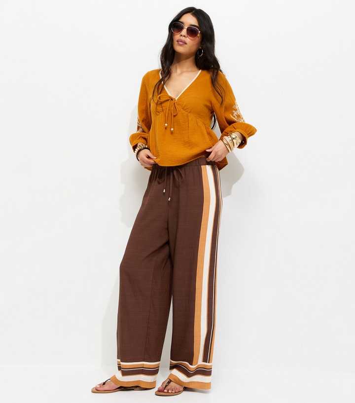 Brown Border Stripe Wide Leg Trousers