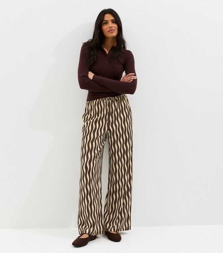 Brown Jersey Wave Patterned Wide Leg Trousers