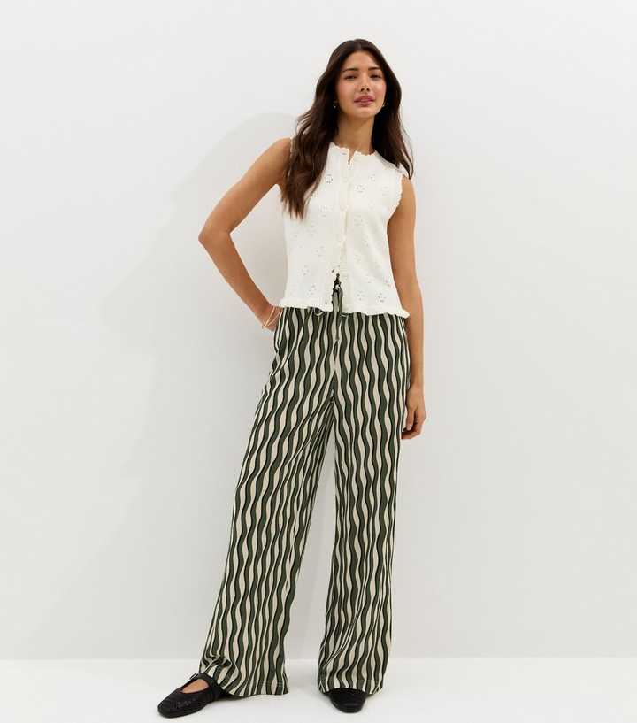 Green Jersey Wave Patterned Wide Leg Trousers