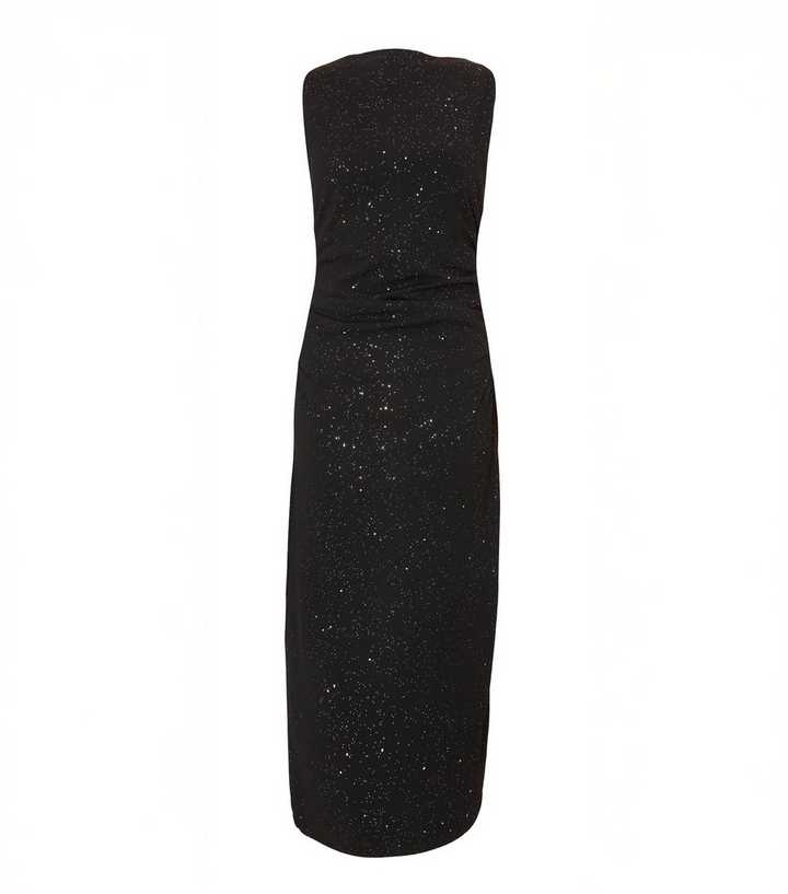 QUIZ Petite Black Glitter Large Back Bow Midi Dress | New Look