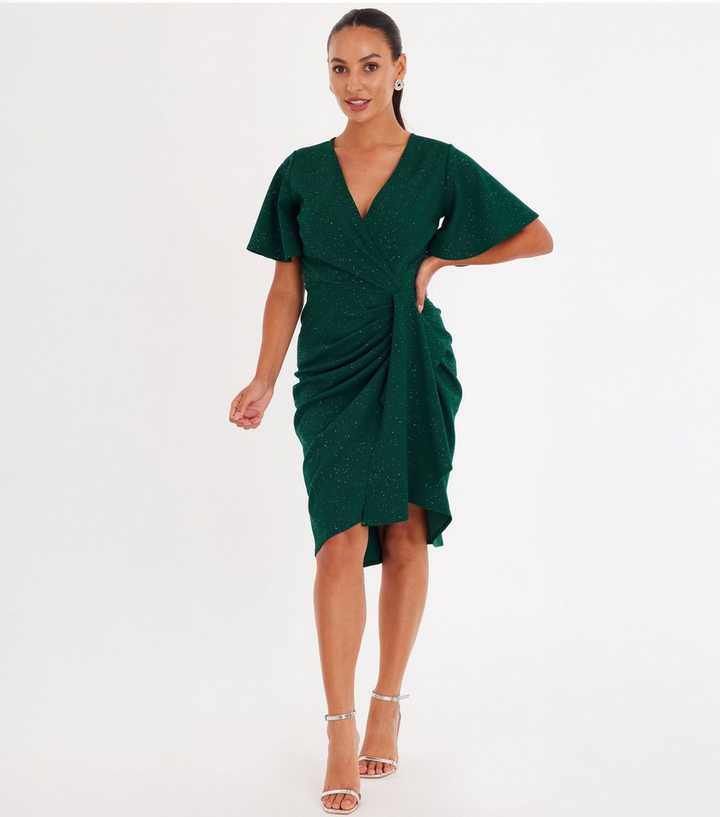 green emerald velvet dress Starlett Ruched Velvet Shimmer Midi Dress  honey