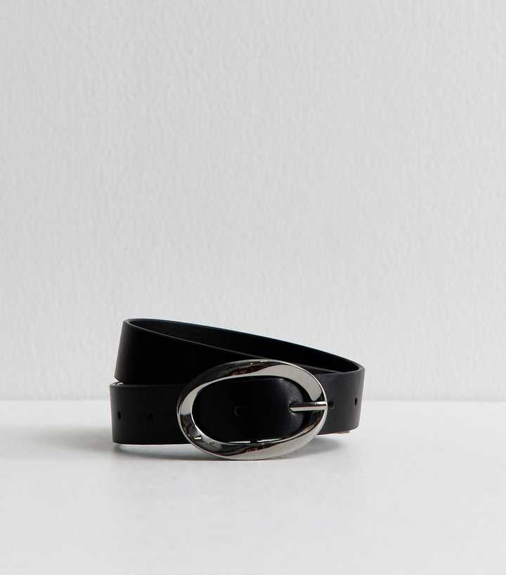 Black Faux Leather Oval Buckle Belt