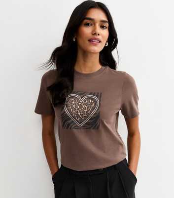Brown Animal Heart Print T-Shirt