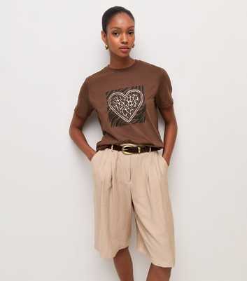Dark Brown Cotton Foil Heart Print Relaxed T-Shirt