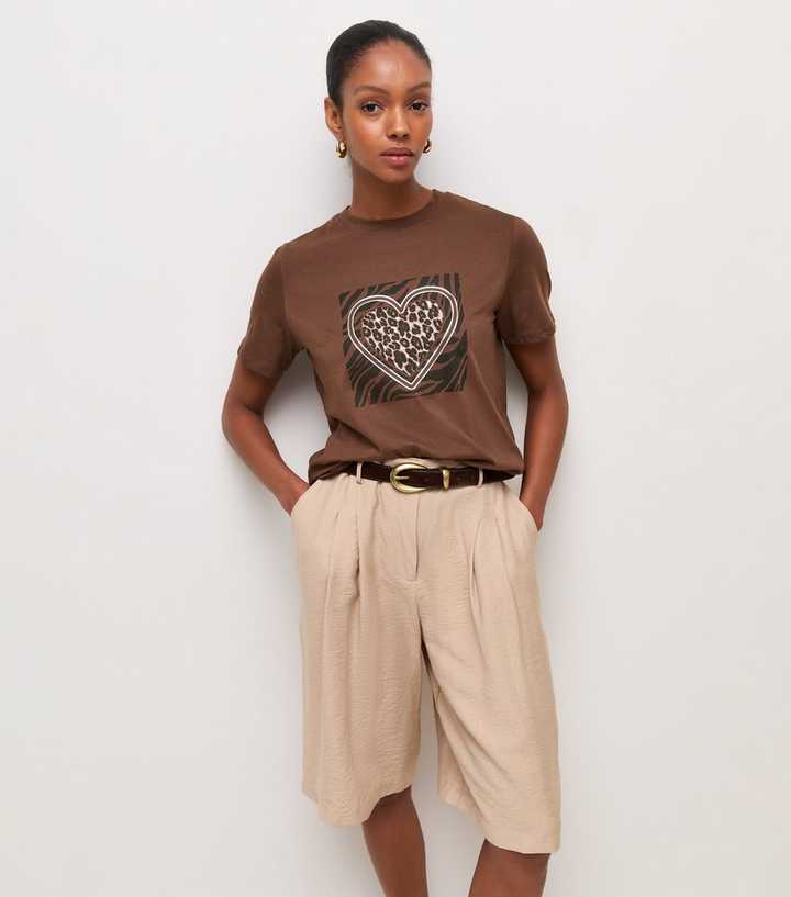 Dark Brown Cotton Foil Heart Print Relaxed T-Shirt