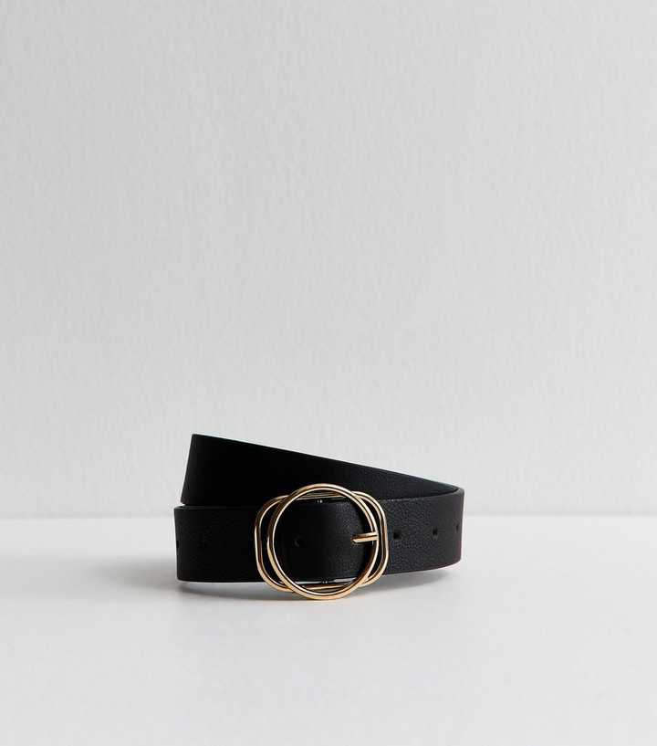 Black Faux Leather Circle and Rectangle Buckle Belt