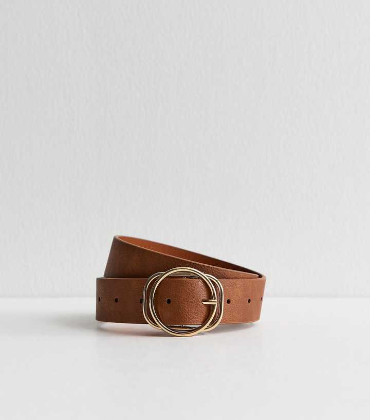 Tan Faux Leather Circle and Rectangle Buckle Belt