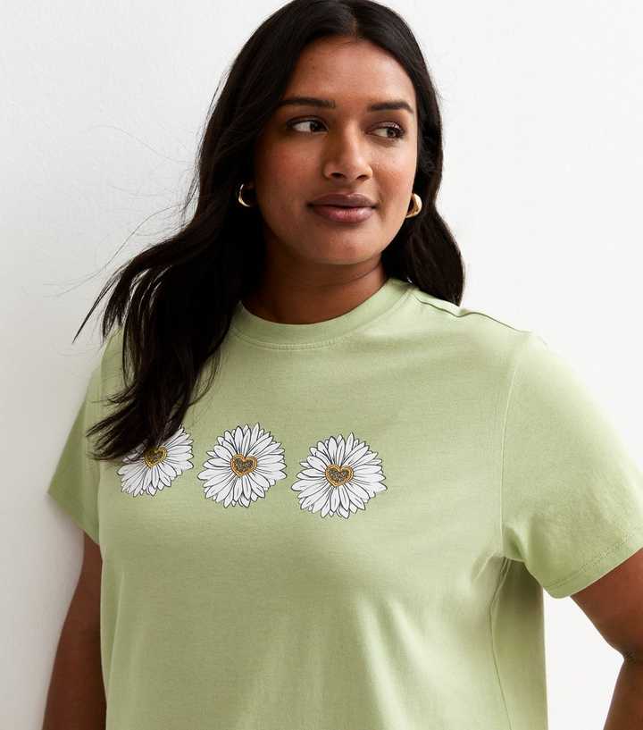 Curves Light Green Cotton Daisy T-Shirt