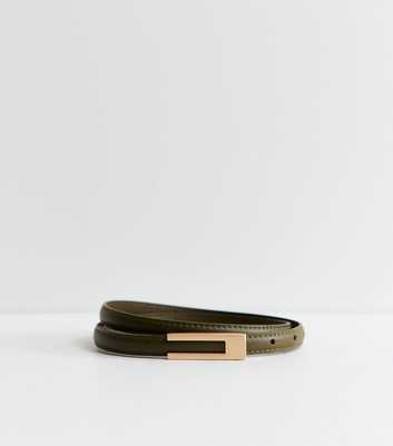 Khaki Faux Leather Rectangle Buckle Skinny Belt