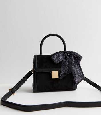 Black Faux Suede Scarf Trim Top Handle Bag