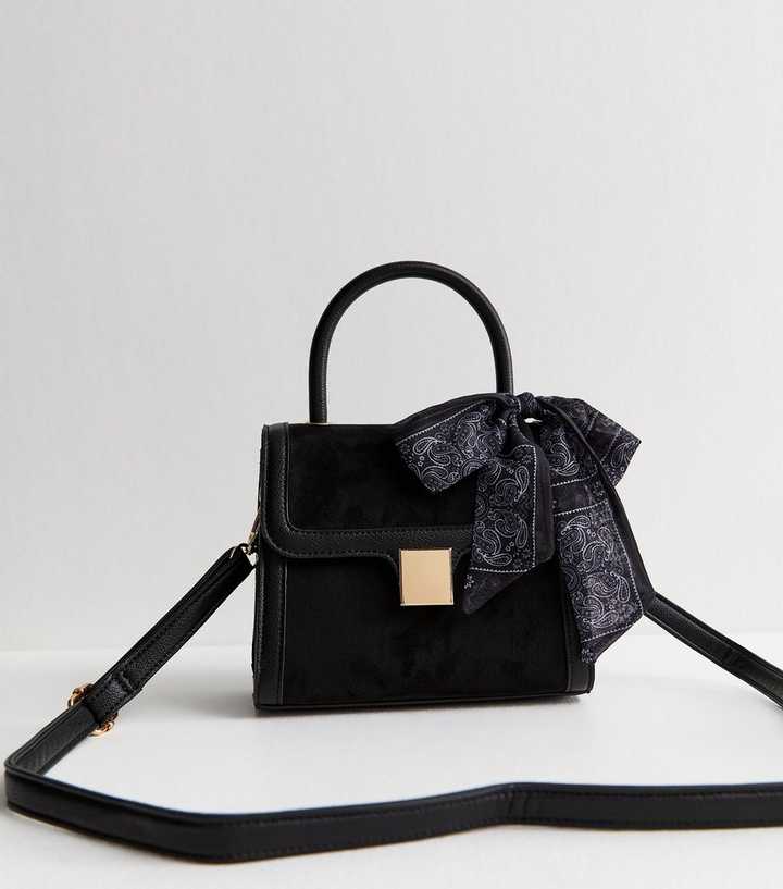 Black Faux Suede Scarf Trim Top Handle Bag
