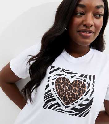 Curves White Cotton Animal Print Heart T-Shirt