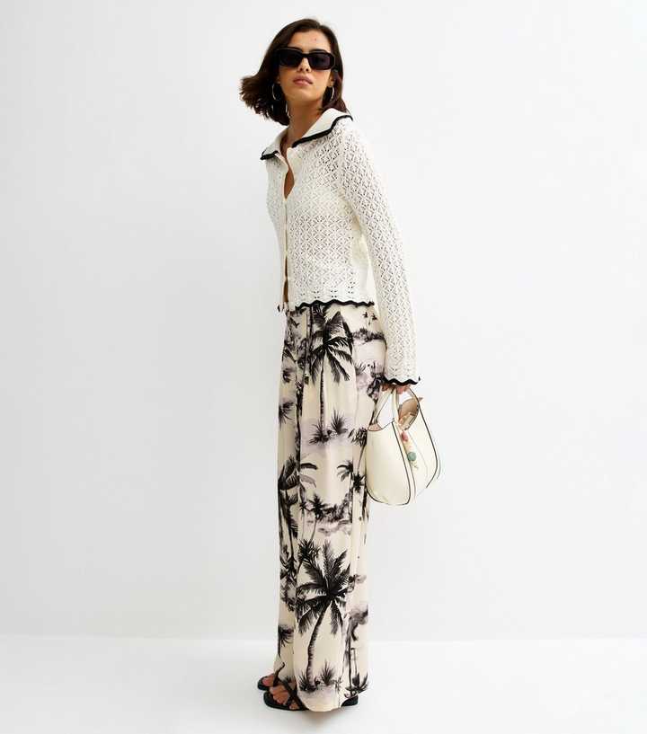 White Wide Leg Printed Pleat Trousers