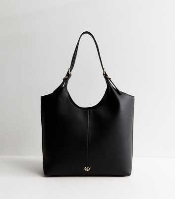 Black Faux Leather Soft Scoop Top Tote Bag