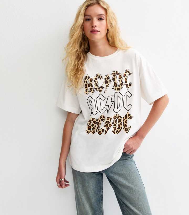 White ACDC Leopard Print Oversized T-Shirt