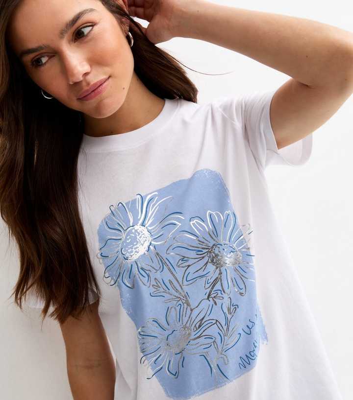 Petite White Foil Flower Relaxed Top