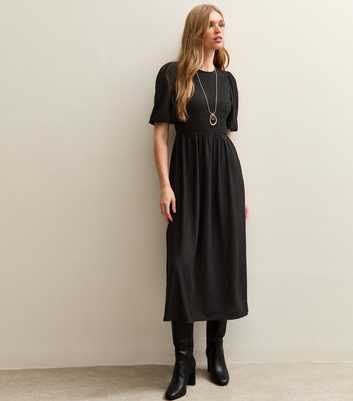 Black Crinkled Jersey Puff Sleeve Smock Midi Dress