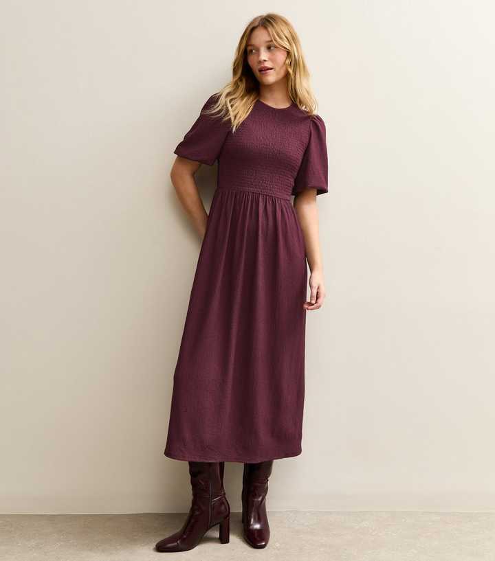 Burgundy Textured Jersey Puff Sleeve Smock Midi Dress