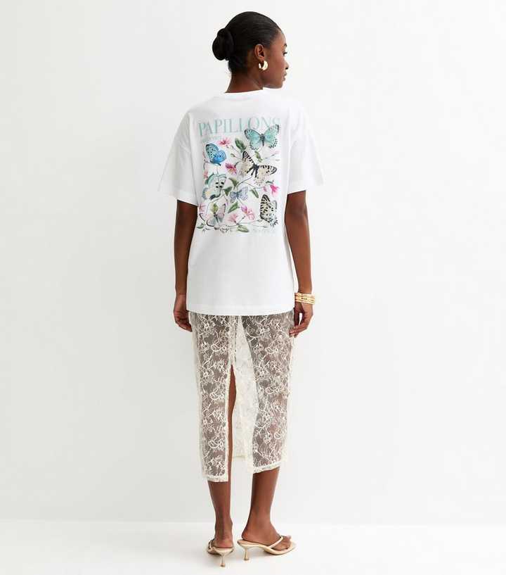 White Butterfly Print Oversized Tee