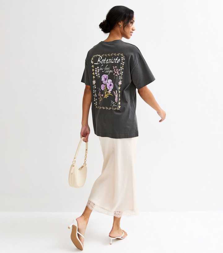 Dark Grey Cotton Botaniste Print Oversized T-Shirt