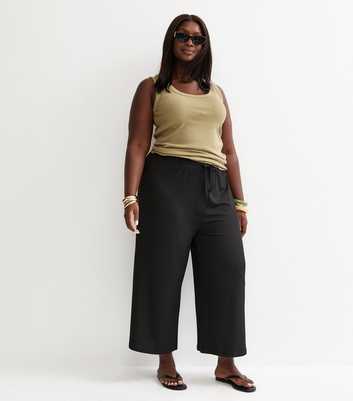 Curves Black Ribbed Drawstring Cropped Trousers