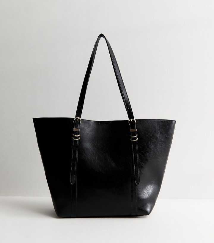 Black Faux Leather Buckled Strap Tote Bag