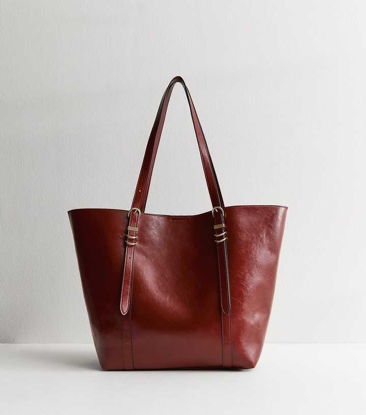 Dark Burgundy Faux Leather Buckled Strap Tote Bag