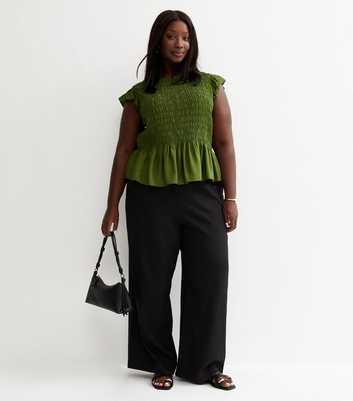 Curves Black Linen Blend Wide Leg Trouser