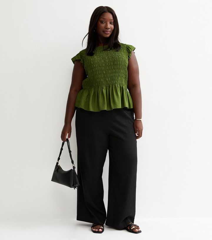 Curves Black Linen Blend Wide Leg Trouser