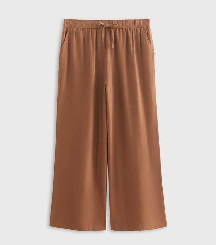Curves Tan Linen Blend Wide Leg Trouser