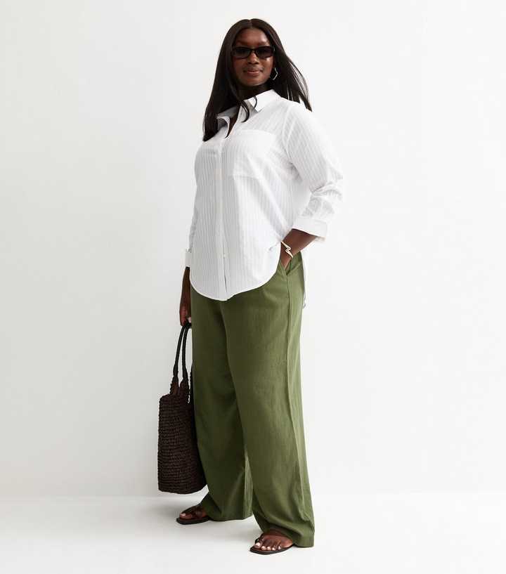 Curves Green Linen Blend Wide Leg Trouser